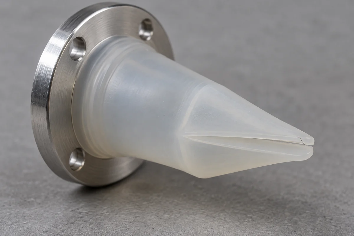 Close view of the mating lips and straight seam of a silicone duckbill valve