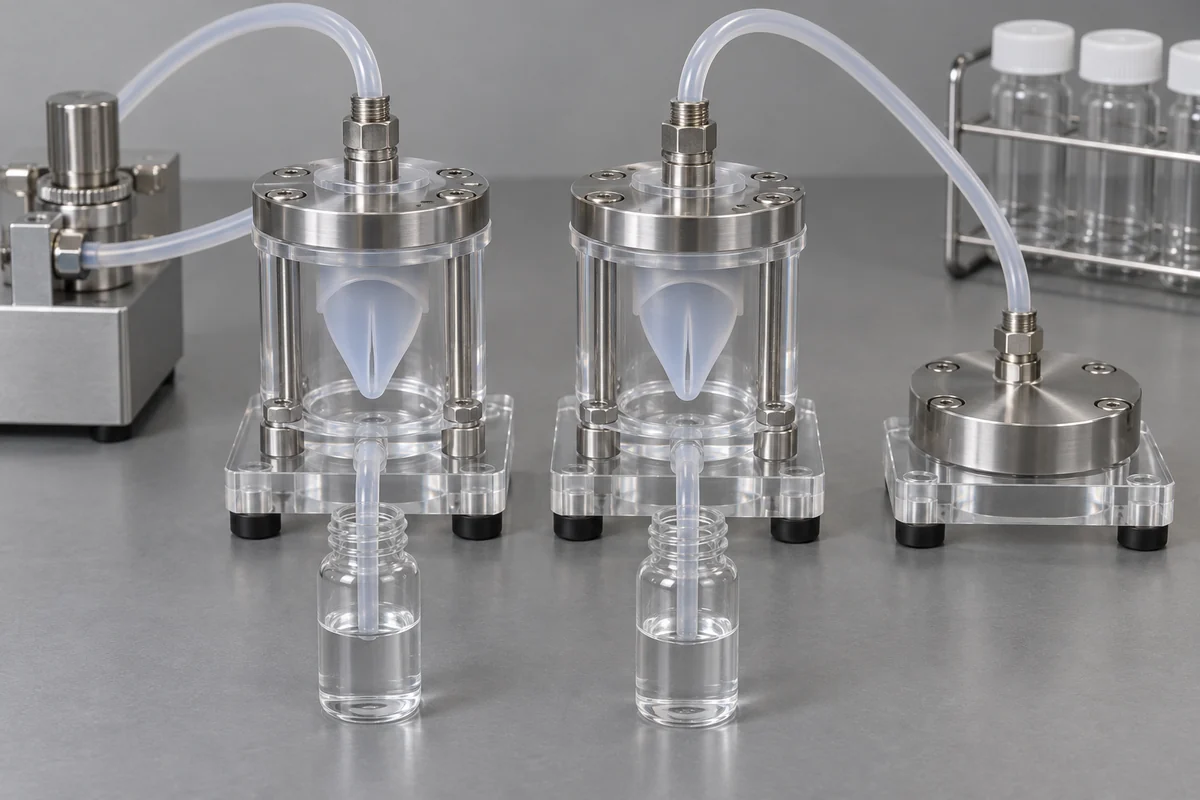 Two clear valve test fixtures with a blank holder and separate collection vessels