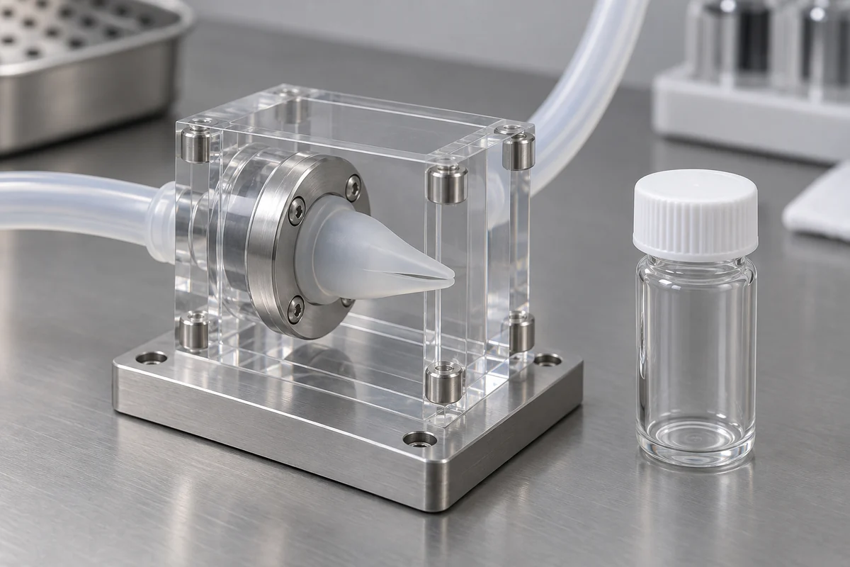 Clear duckbill valve test holder with tubing and an empty collection vessel