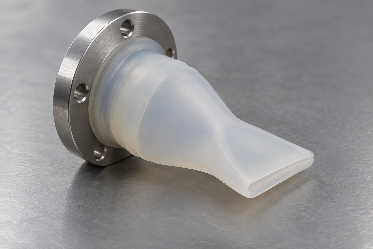 Closed lips of a translucent silicone duckbill valve in a macro view