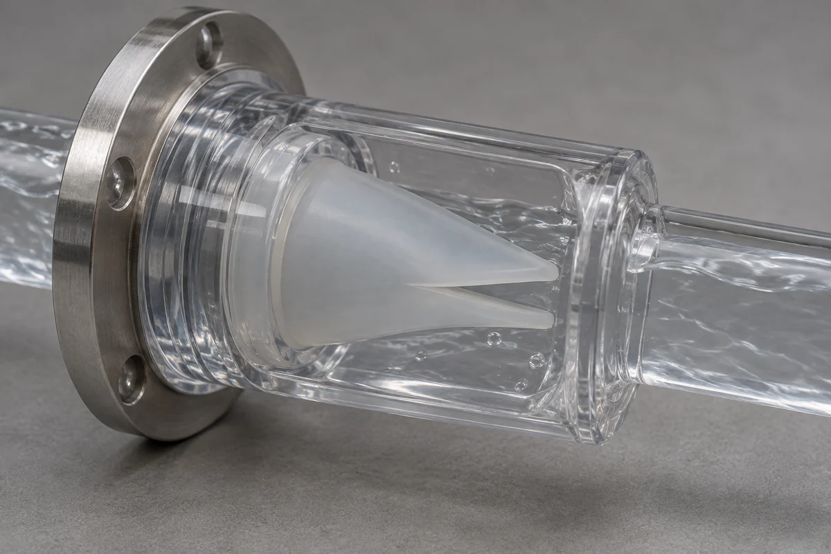 Duckbill lips slightly parted inside a transparent cutaway holder