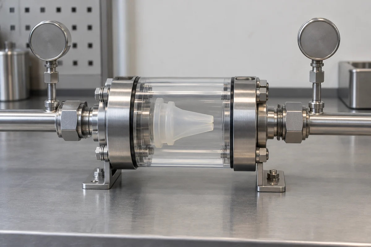 Pressure tap fittings positioned on both sides of a clear valve fixture