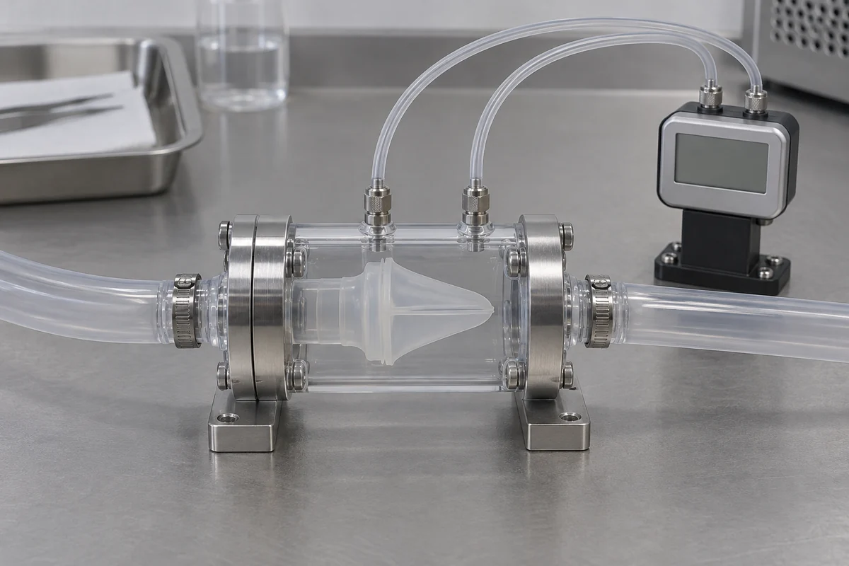 Silicone duckbill valve in a clear test holder connected to pressure-sensing equipment