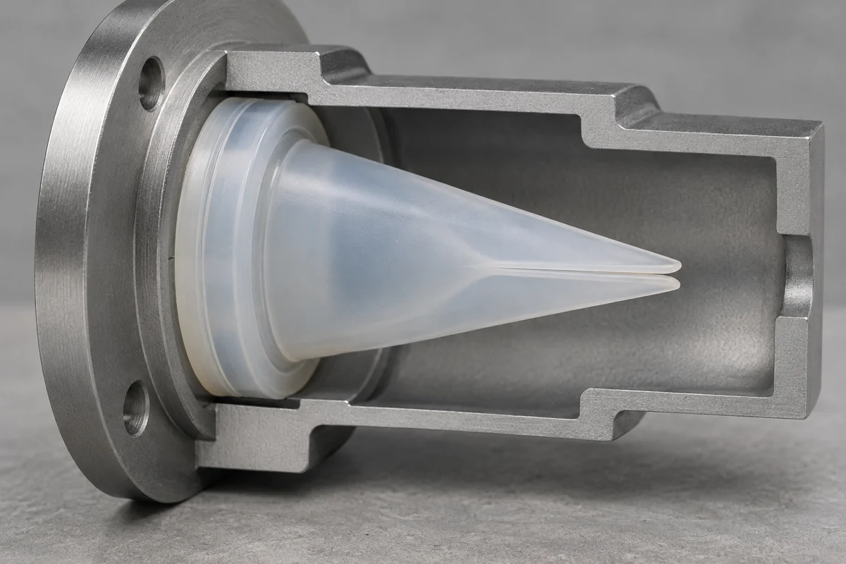 Duckbill valve retained at its flange inside a cutaway holder