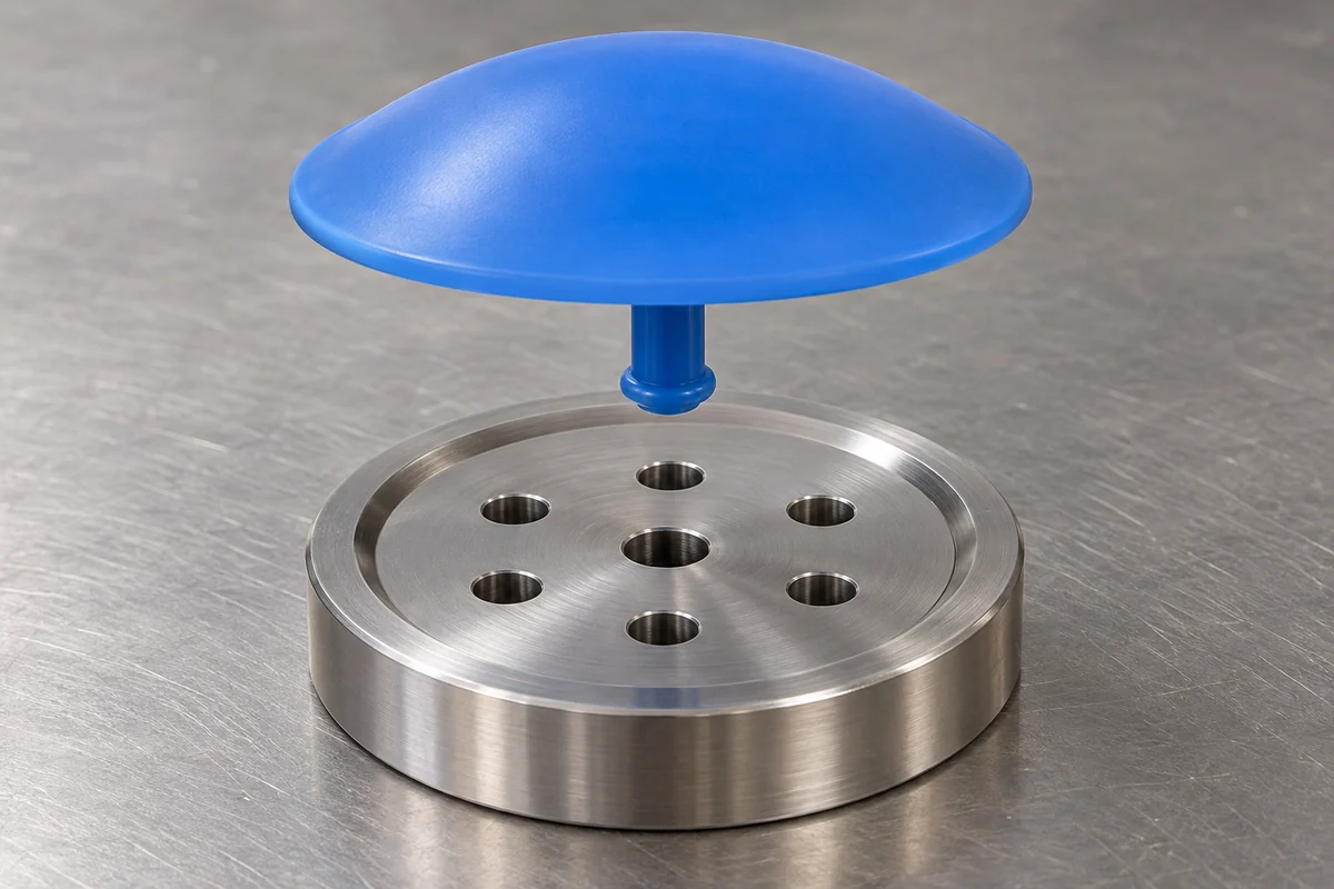 Umbrella-shaped elastomer disk aligned above a rigid seat with flow openings