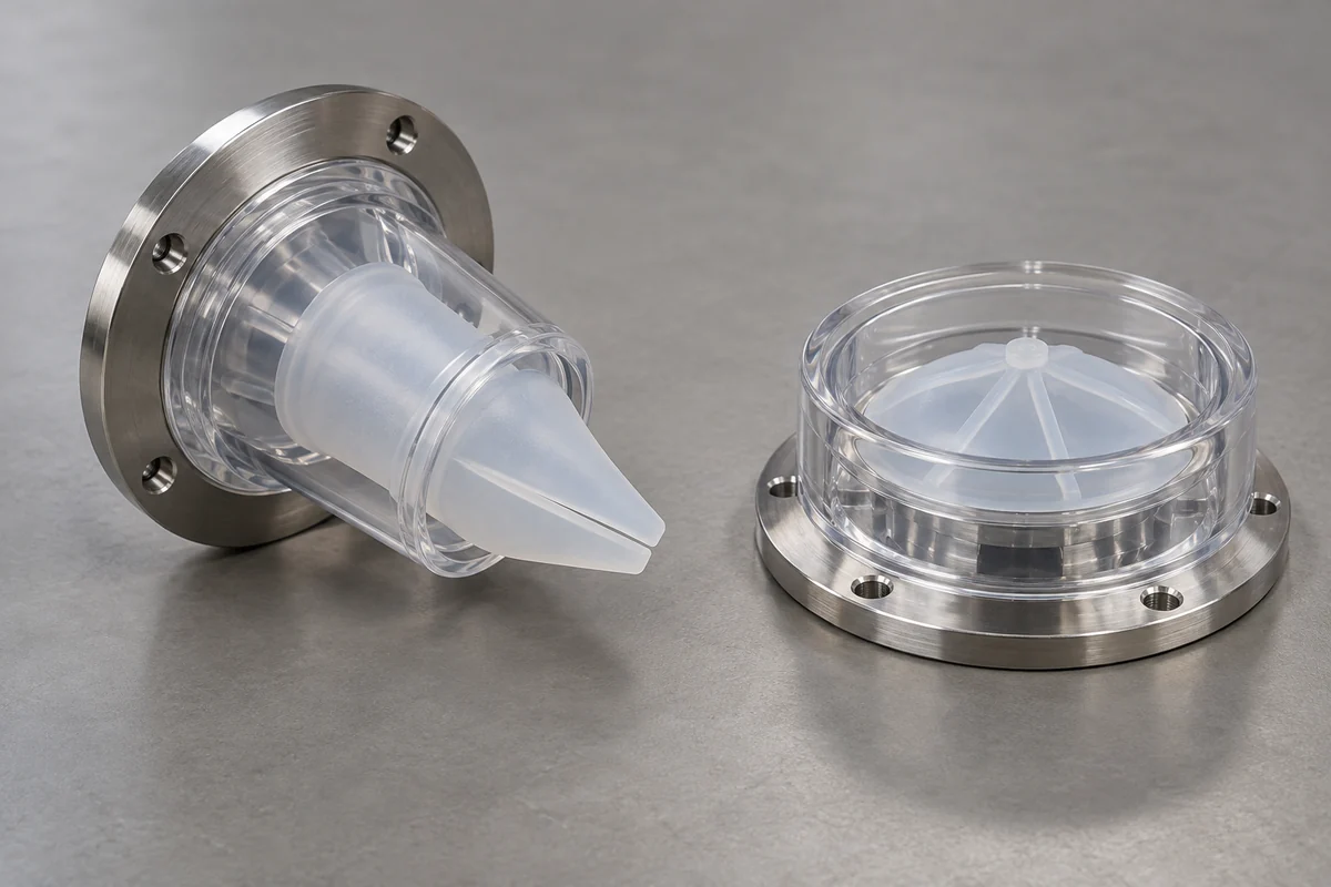Two different clear housing layouts for duckbill and umbrella components