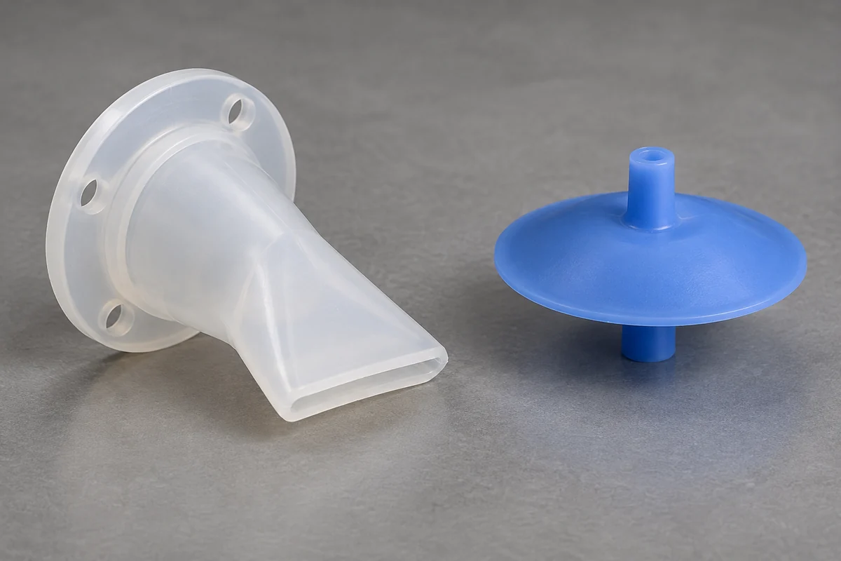 A translucent duckbill valve beside a blue umbrella valve with a central stem