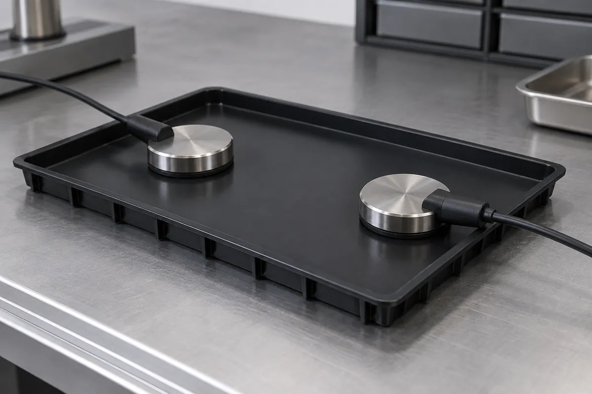 Two circular measurement electrodes placed on flat black plastic tray sample
