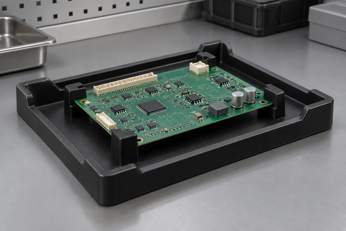 Molded black tray with plain electronic board held by non-contact edge supports