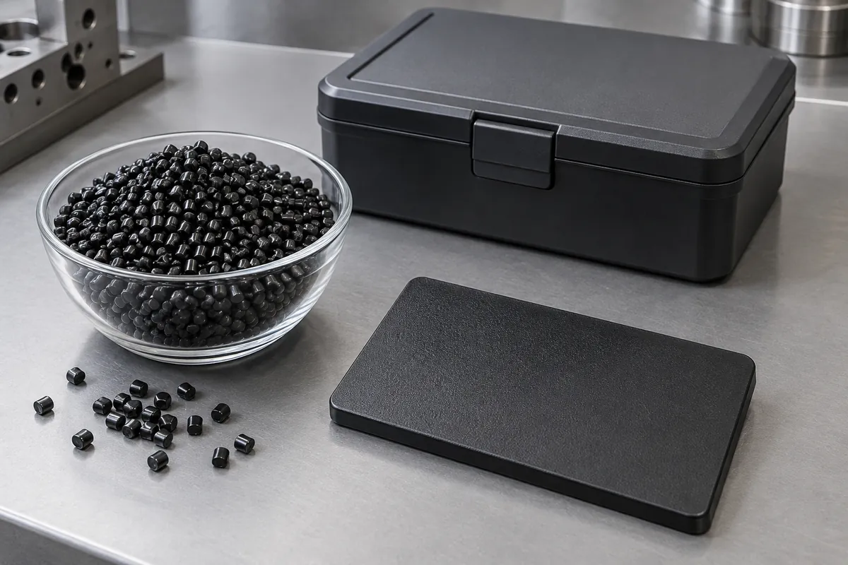 Separated black material pellets and molded plaque beside closed clean storage box