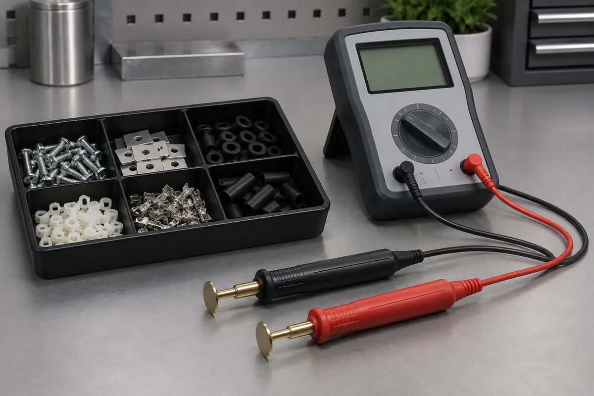 Black component tray beside resistance meter with blank display and two electrodes