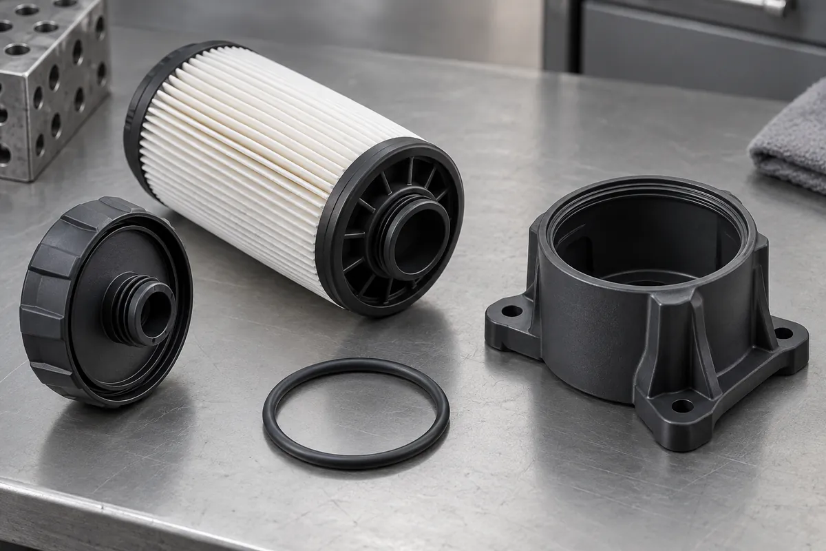 Separated cartridge end cap, O-ring and molded housing support