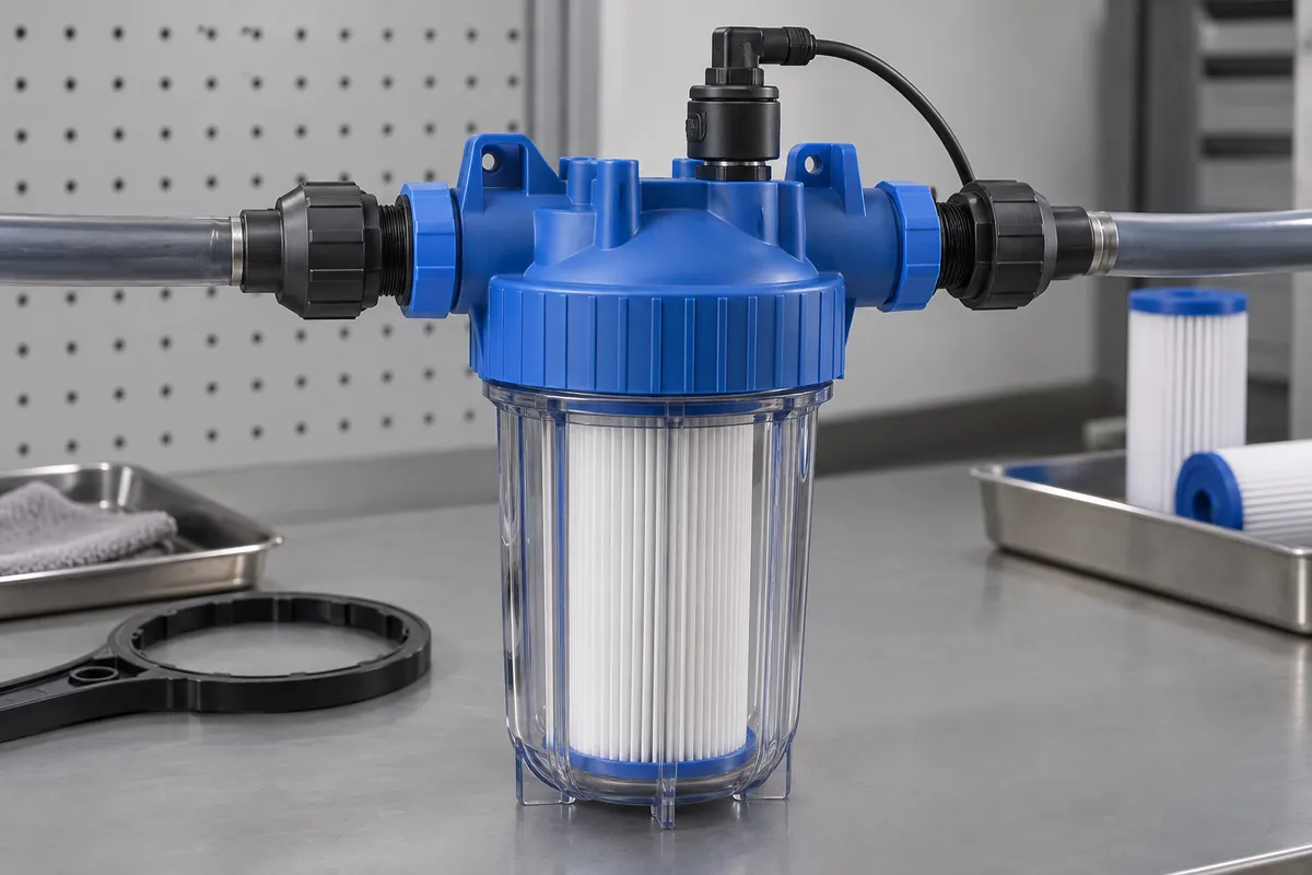 Assembled filter housing with inlet outlet closures and pressure sensor