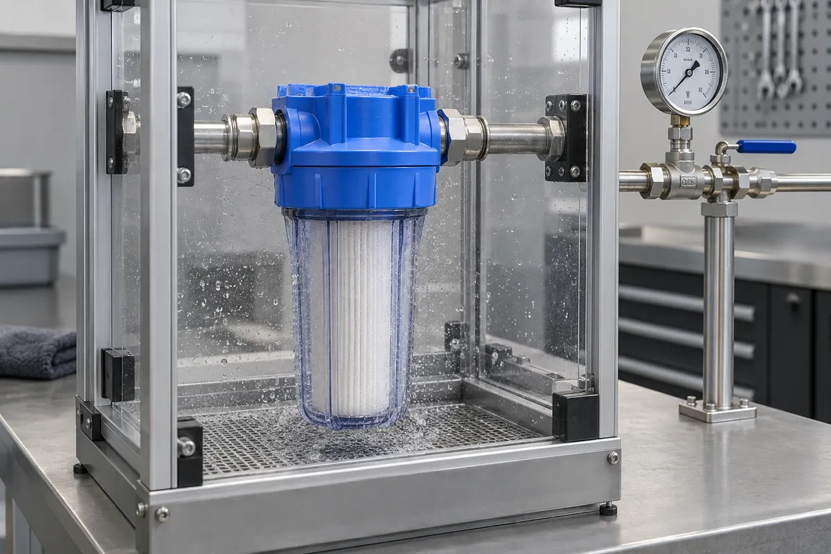 Plastic filter housing in guarded water pressure test fixture