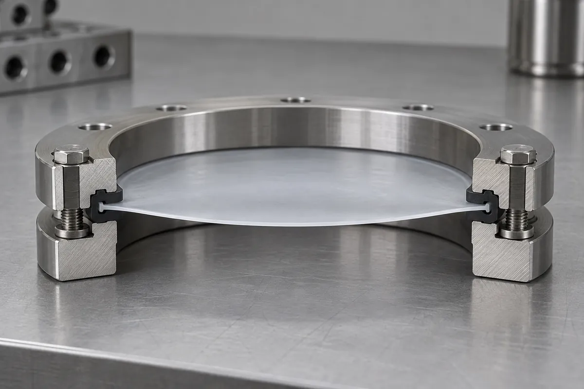Flat membrane clamped between two circular rings in section