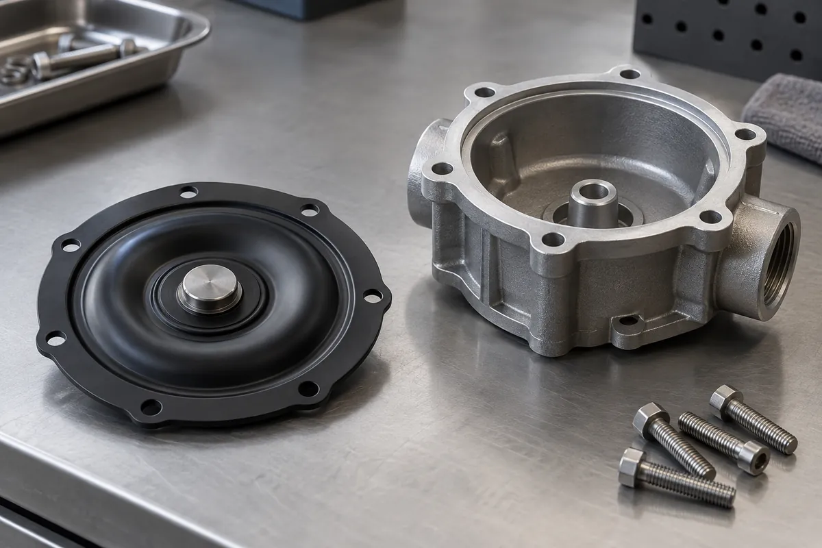 Separated diaphragm and matching housing parts on bench