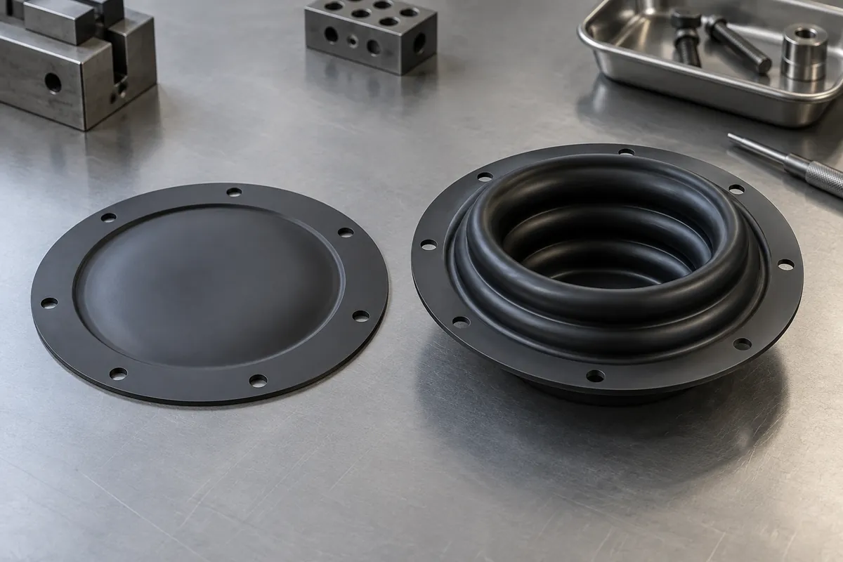 Flat silicone diaphragm beside deep convoluted rolling diaphragm