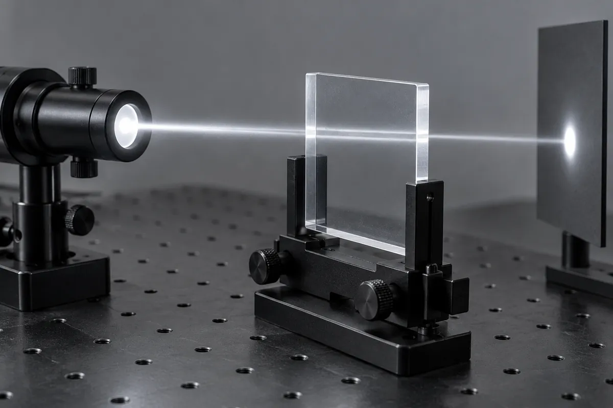 Collimated white beam through clear polymer coupon on dark optical bench