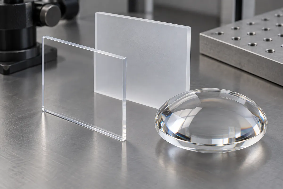 Clear and intentionally diffusing polymer plaques beside convex lens