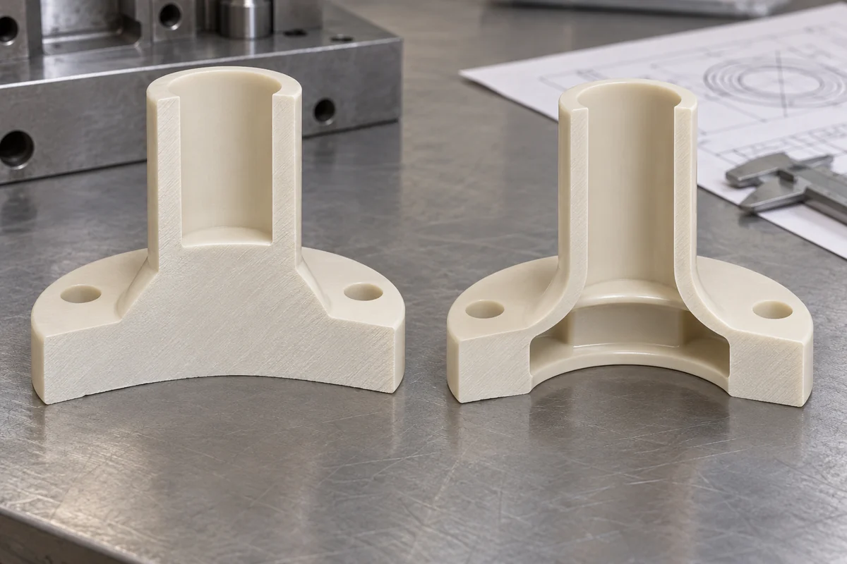 Sectioned polymer spacer design samples exposing a thick annular wall and an alternative cored interior