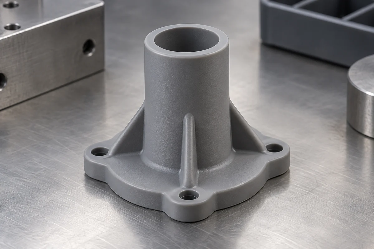 Close-up of a gray flanged spacer with thin radial ribs joining the stem to the base