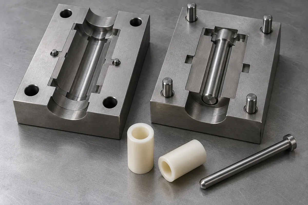 Open spacer mold insert beside a slender core pin and two hollow polymer spacer samples