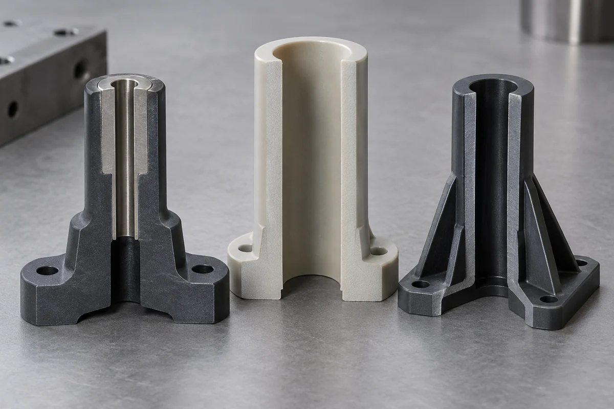 Solid-bodied, hollow and ribbed plastic spacer design examples arranged on a neutral industrial surface