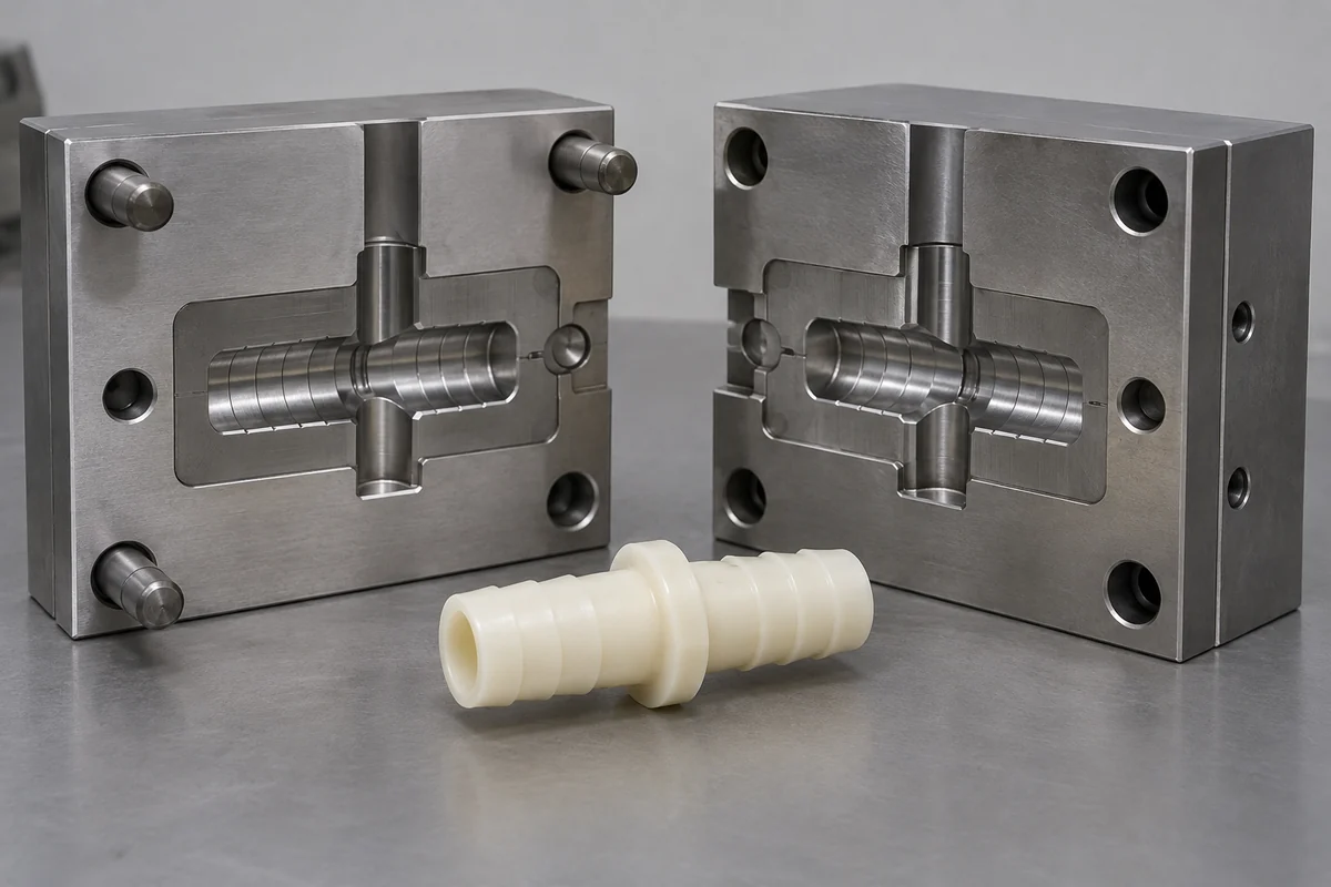 Open steel mold inserts and an ivory molded barb sample on a bench