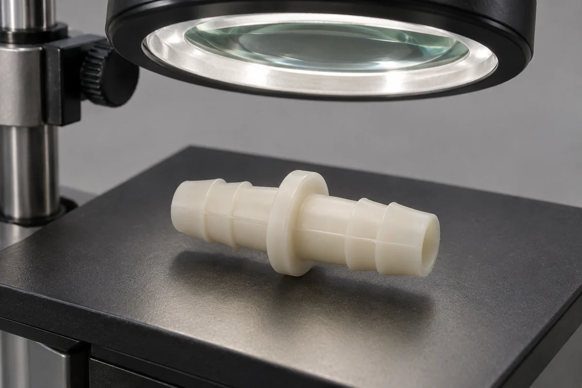 Barbed fitting positioned under a fixed inspection magnifier
