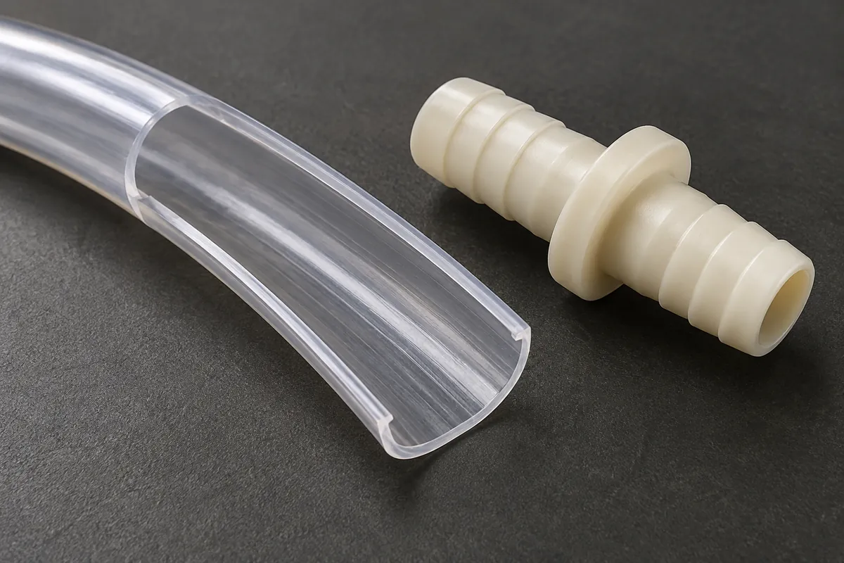 Split flexible tube beside a molded barb for an illustrated contact-surface review