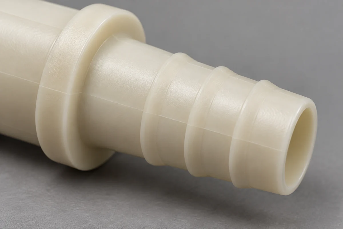 Close view of a molded ivory hose-barb ridge and a subtle longitudinal parting witness