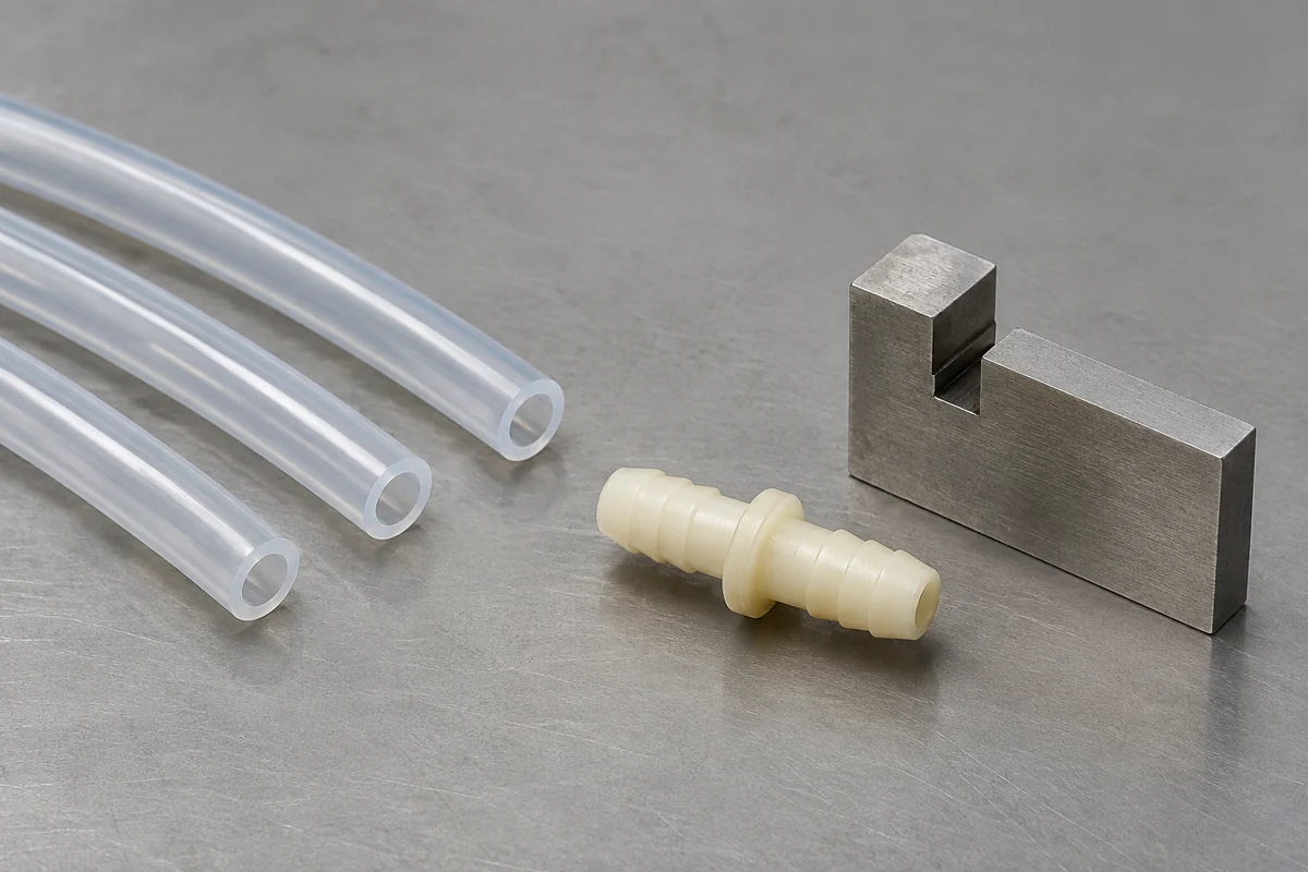 Tube specimens and an ivory barb beside a plain depth-stop block