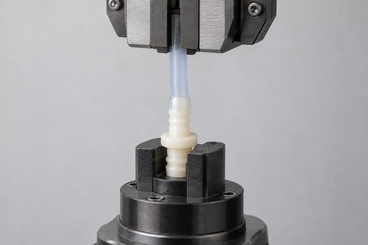 Close view of the fitting holder and separate tube grip on a straight load axis