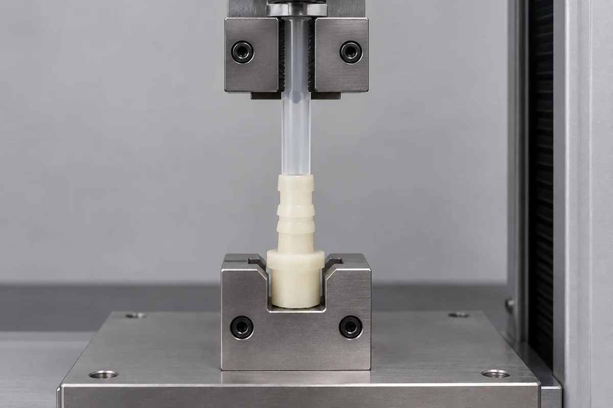 Axially aligned tube-to-barb retention fixture with separate tube and fitting holders
