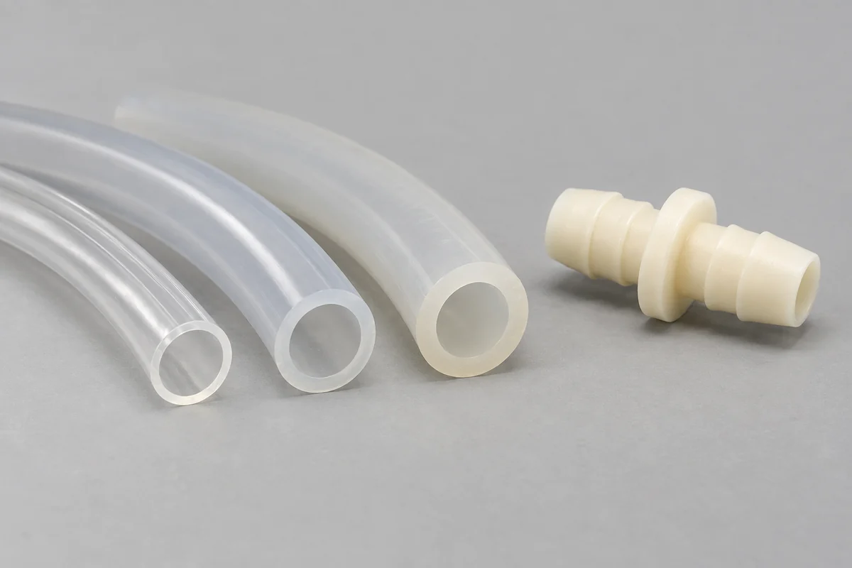 Flexible tube sections with different wall thicknesses beside an ivory molded barb