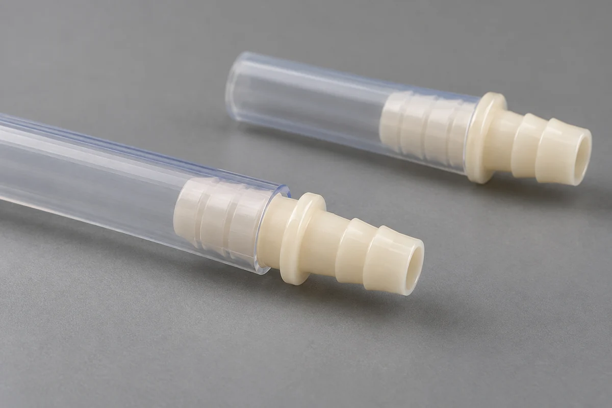 Partially seated and fully seated tube-to-barb design examples