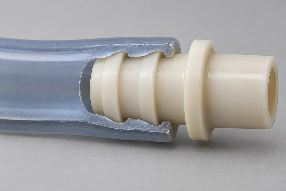 Sectioned tube seated over the rounded retaining ridges of a barb design model