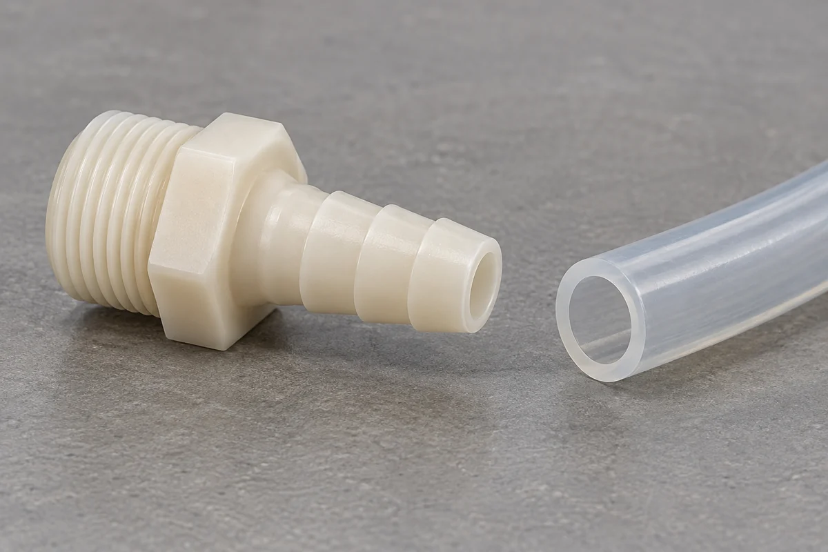 Natural-colored plastic hose barb beside a square-cut translucent tube showing its bore and wall