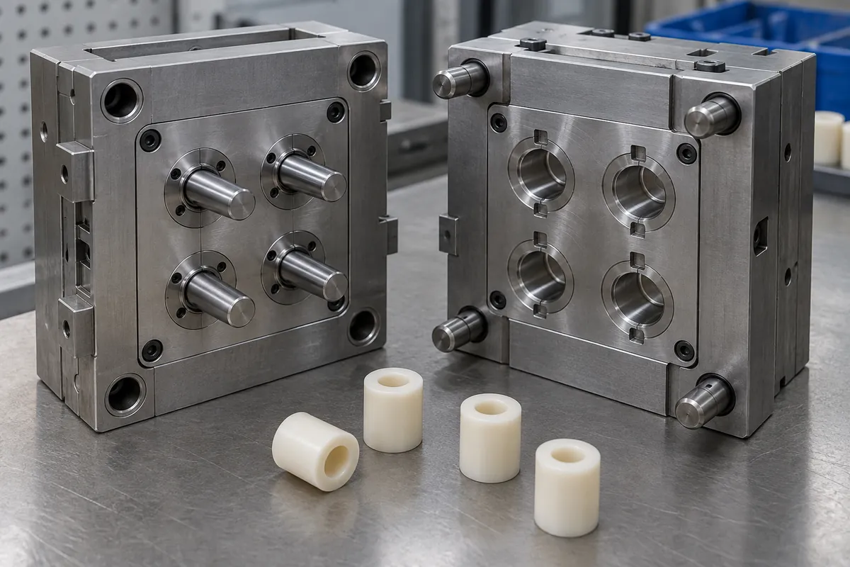 Open steel mold insert with straight core pins and a small group of tubular spacer design examples