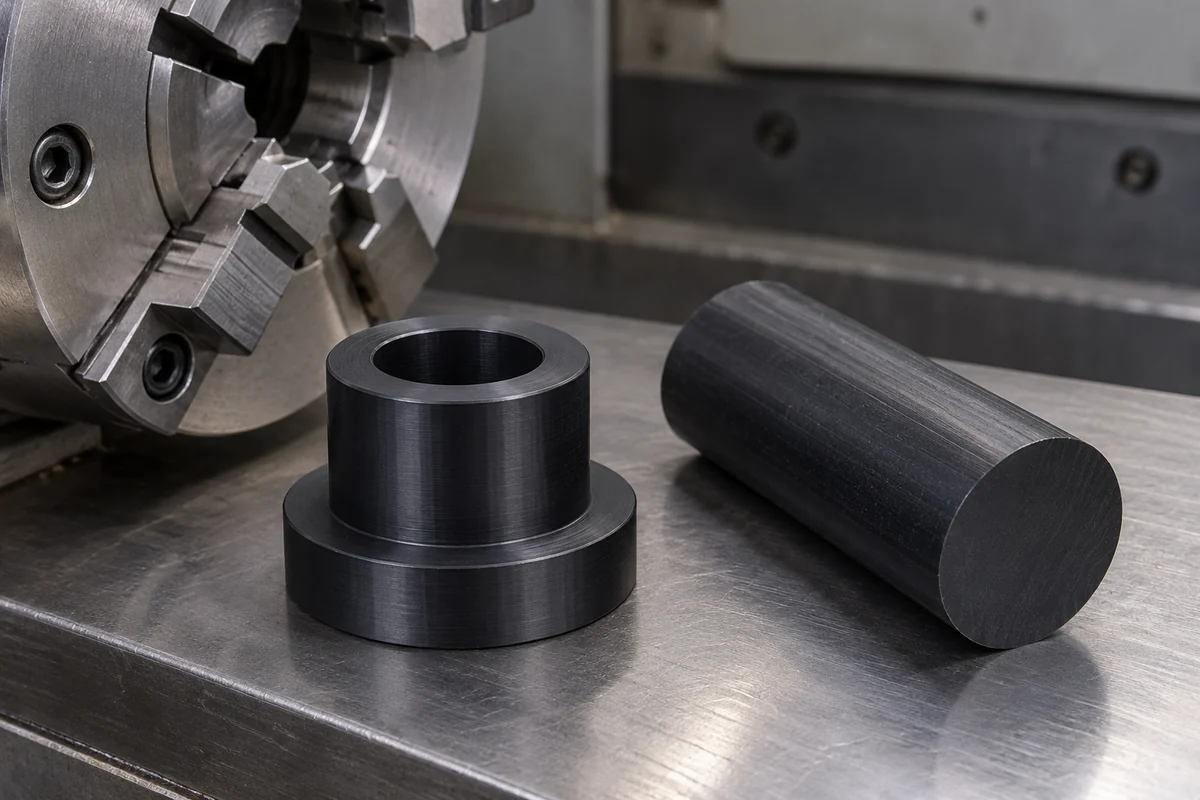 Engineering plastic rod and a turned dark spacer beside a stationary lathe chuck