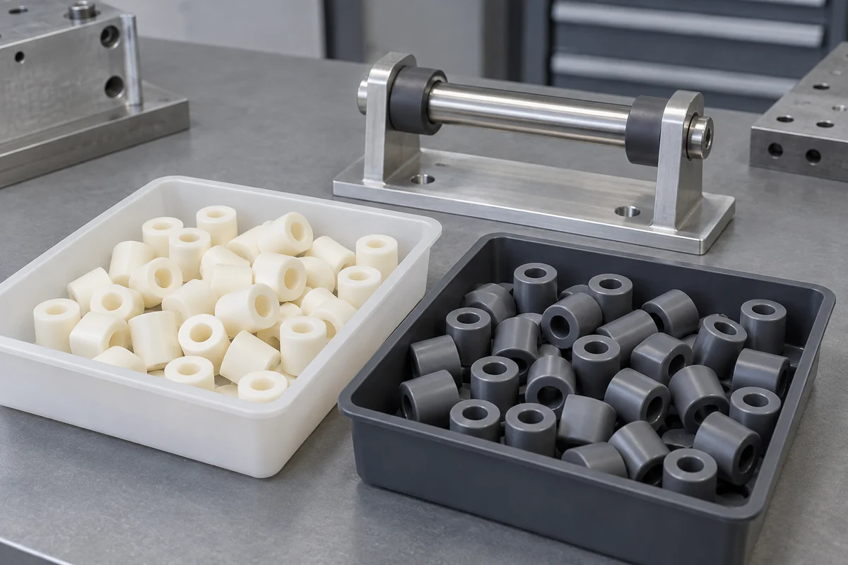 Separate prototype spacer samples and a compartmented tray of repeated molded spacer designs on a bench