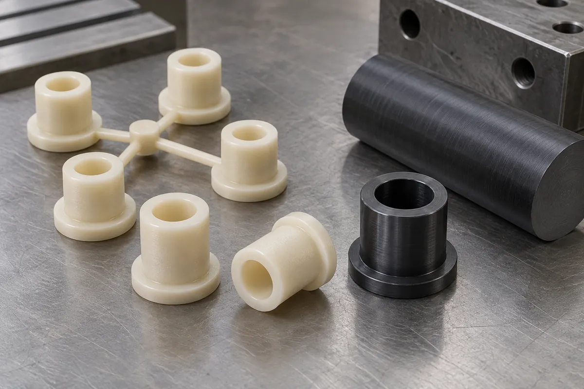 Custom molded spacer designs beside engineering plastic rod and a simple cutting fixture