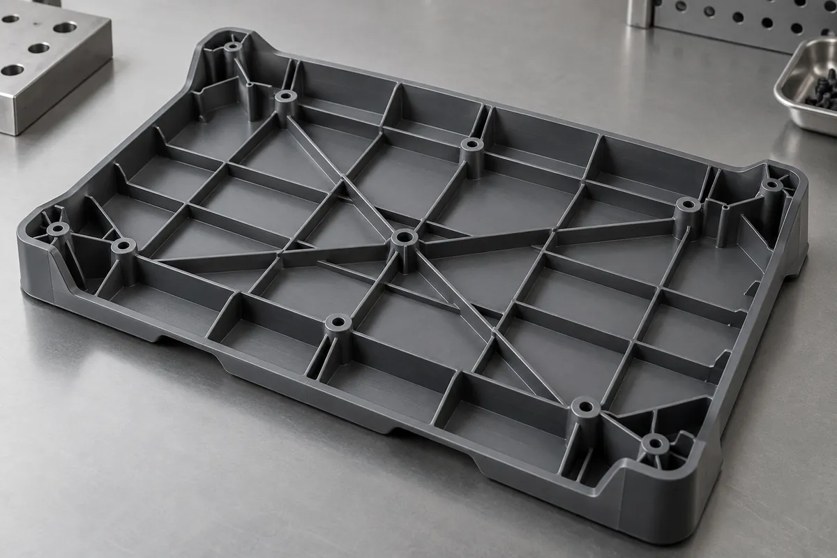 Underside reinforcing ribs of an injection molded component tray