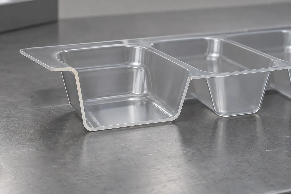 Cross section of thin thermoformed tray with drafted pockets and thin flange