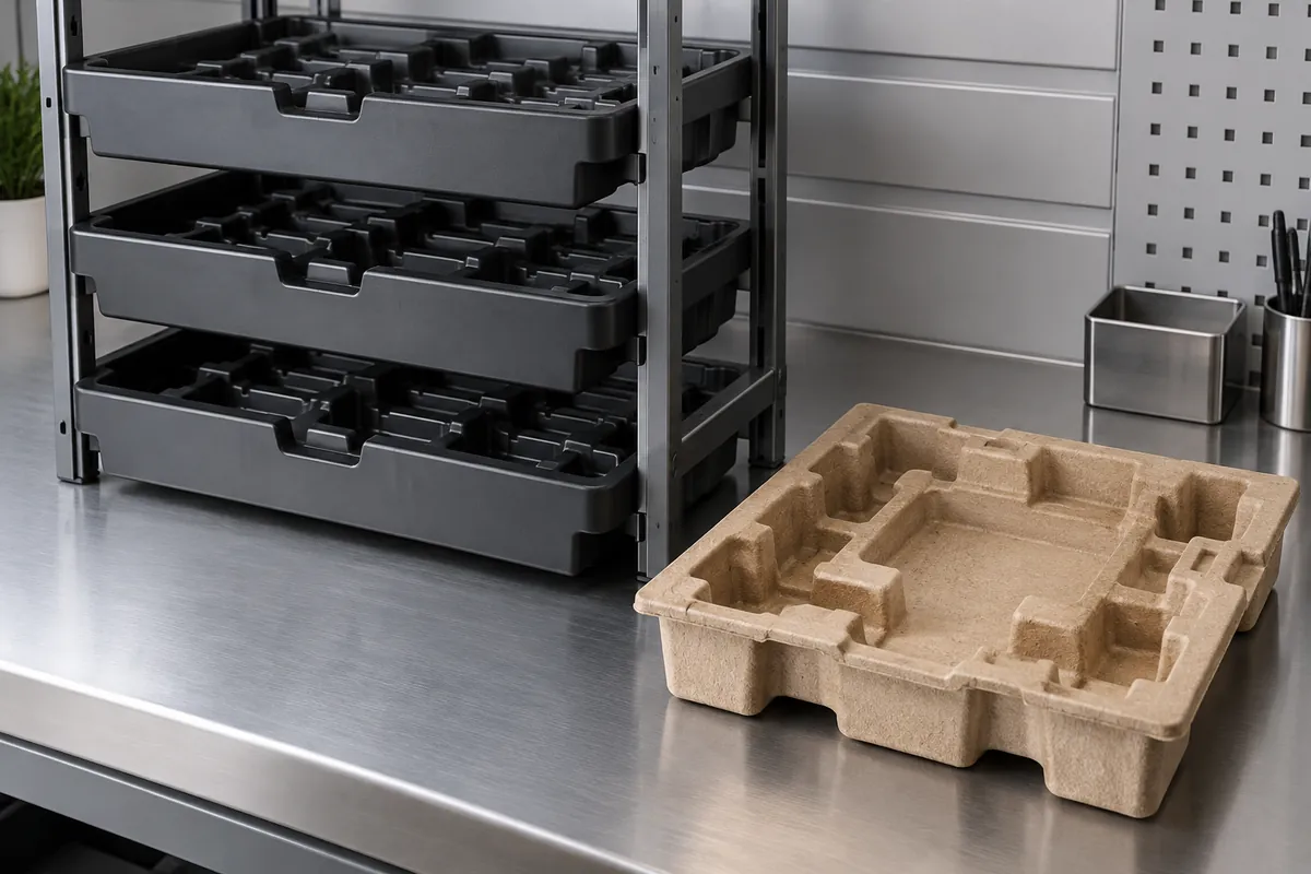 Reusable molded tray seated on plain storage rack beside empty lightweight shipping insert