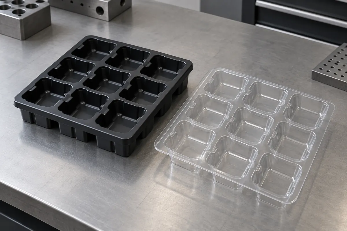 Rigid injection molded tray beside thin thermoformed tray with comparable empty pockets