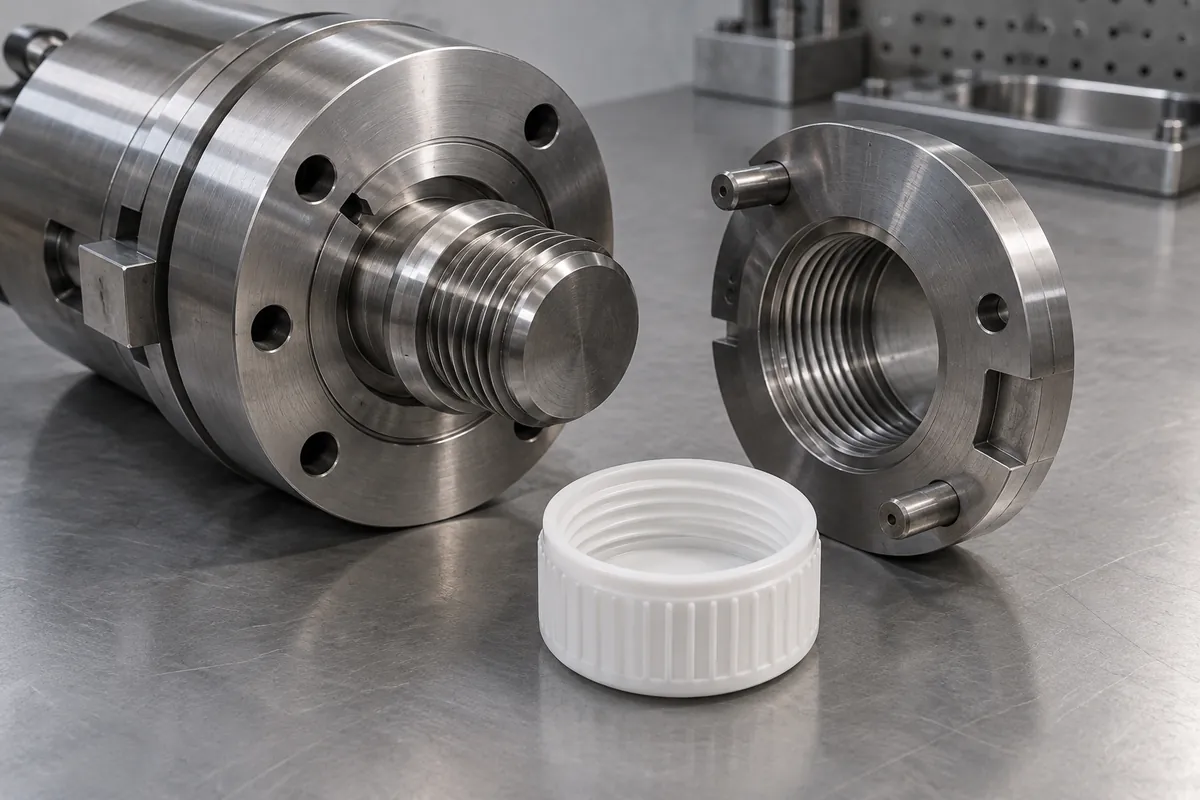 Unscrewing steel mold core beside plastic threaded cap