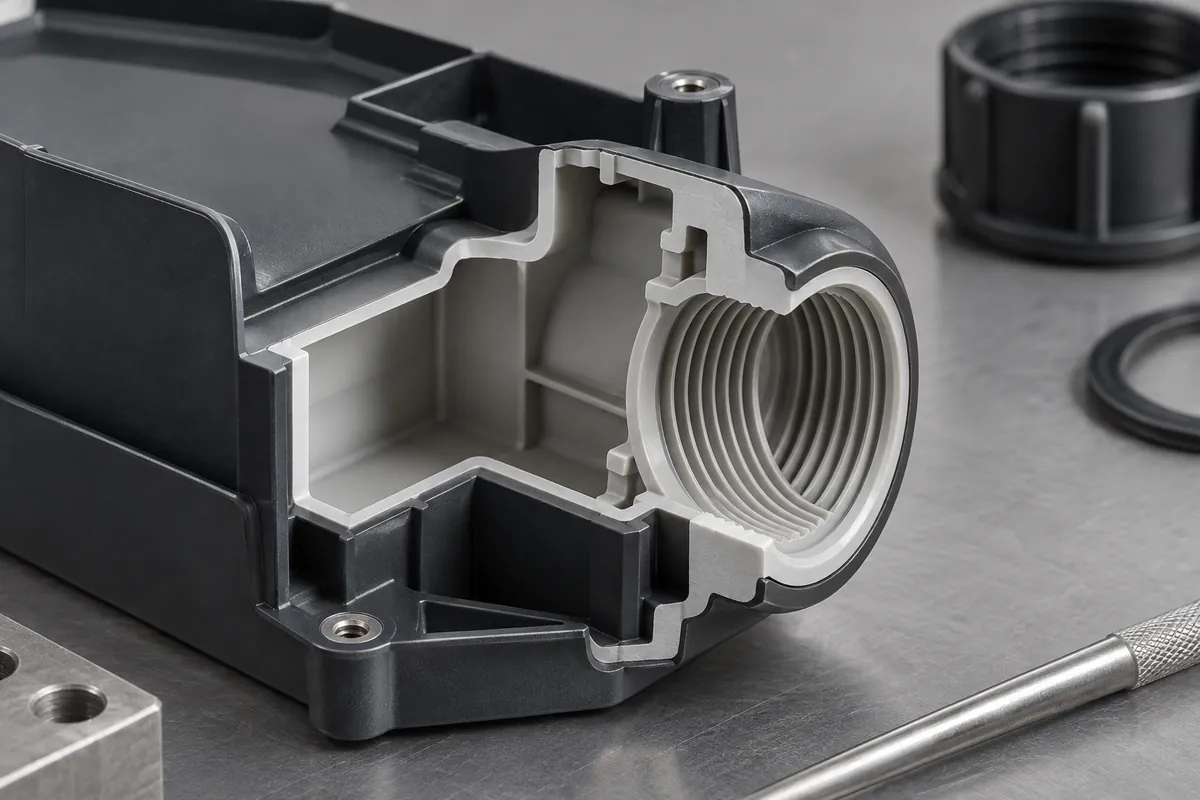 Sectioned plastic housing port showing internal parallel threads