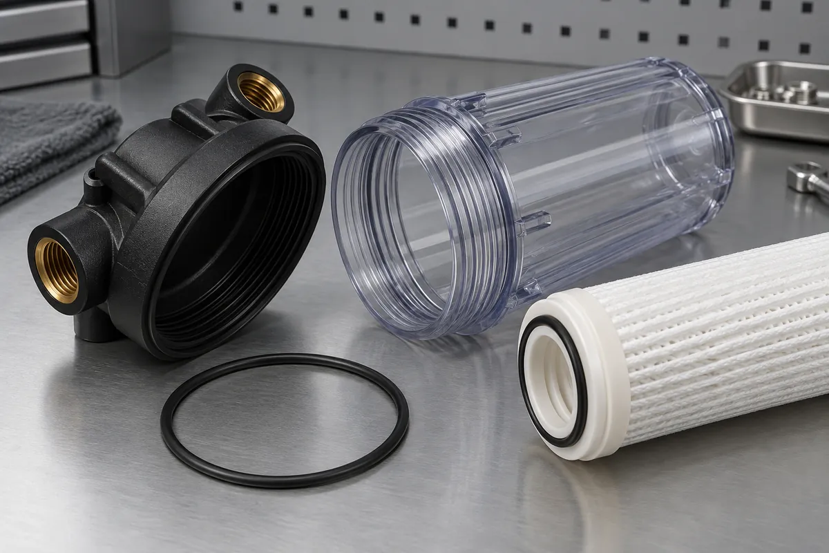 Molded filter cap and bowl with visible internal and external threads