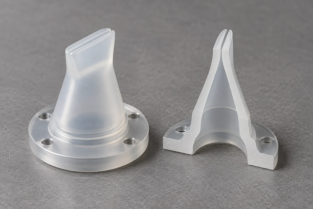 Sectioned silicone duckbill design showing its hollow passage and thin lip region